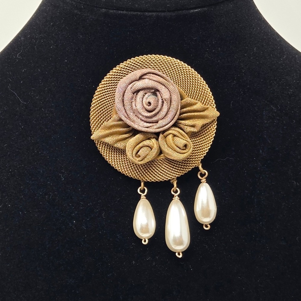 Vintage Gold Mesh Floral Brooch Metallic Ribbon Roses Faux Pearl Dangles 3.5"